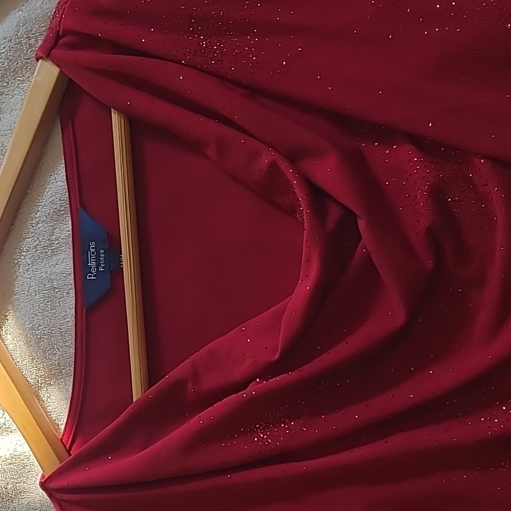 Women's size medium sleeveless red sparkly dress top with cowl neck.